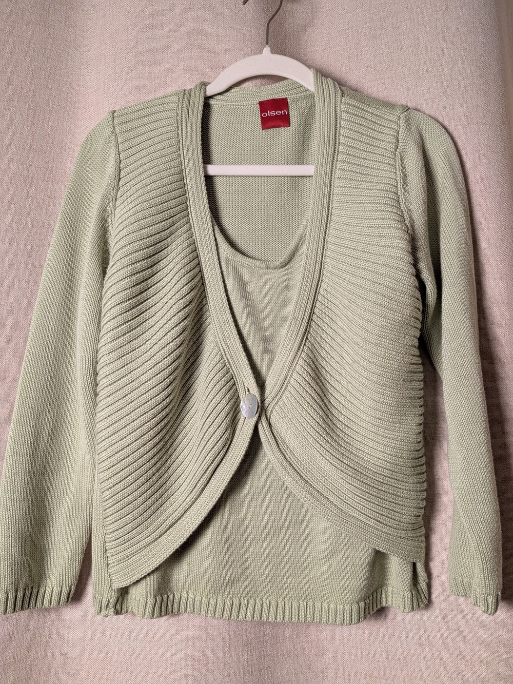 Olsen Sage Green Layered Knit Cardigan L